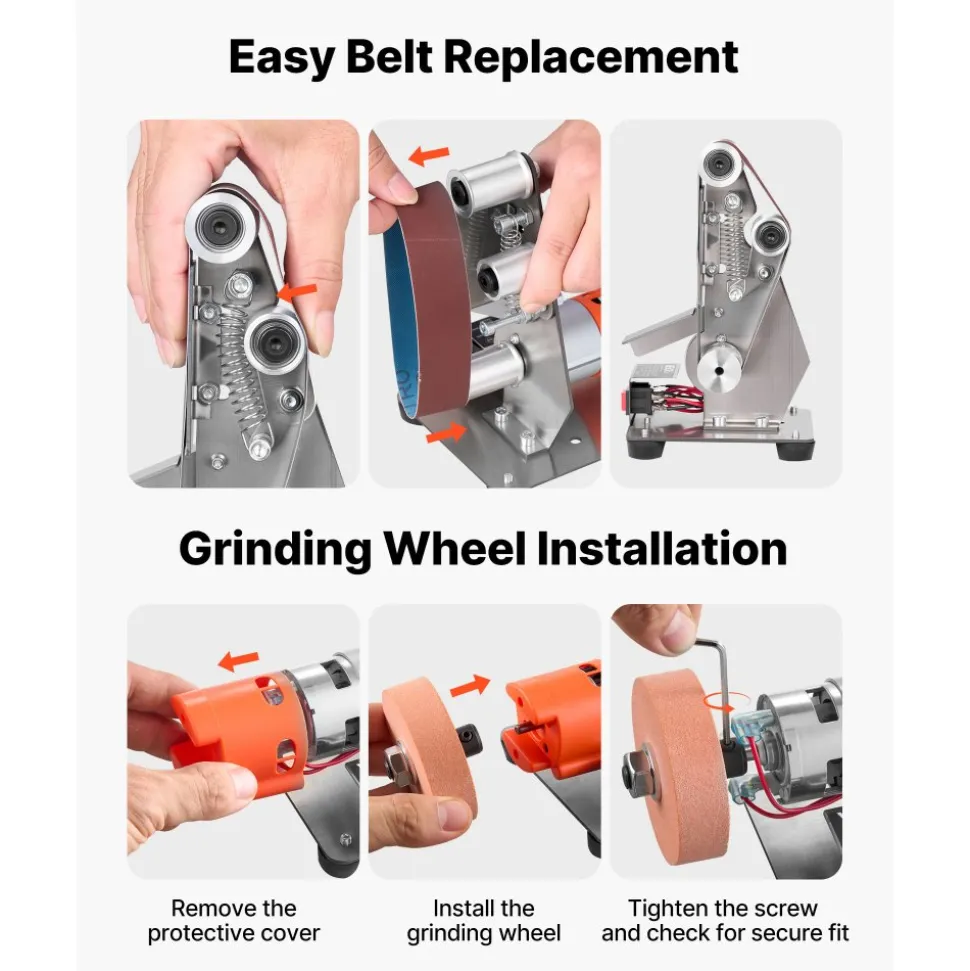 VEVOR 3-in-1 Mini Belt Sander, 13" x 1.2" Sanding Belt, 2.75" Grinding & Polishing Wheel Combo, 7-Speed Adjustable with Forward/Reverse Control for Woodworking, Jewelry Making, Knife Sharpening