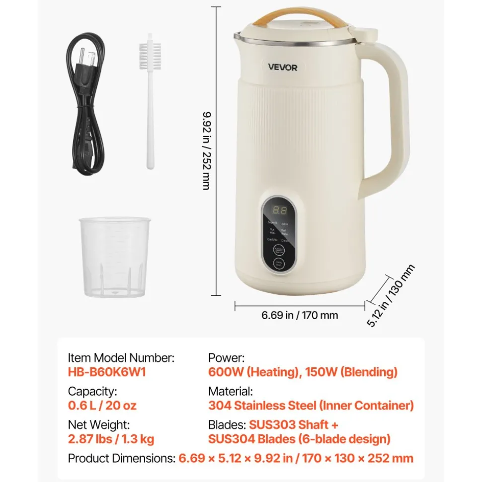 VEVOR 6-in-1 Nut Milk Maker, 20 oz Soy Milk Maker Machine with 6 Blades, for Homemade Oat, Nut, Soy, Juice, Plant-Based and Non Dairy Beverages with High-Temp Self-Cleaning, Boil Water, 12-Hour Delay