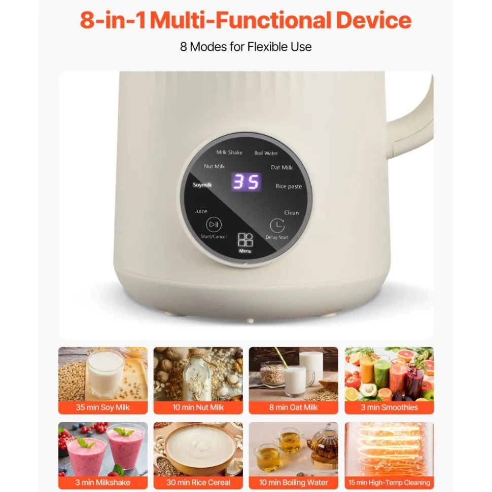 VEVOR 8-in-1 Nut Milk Maker, 34 oz Soy Milk Maker with 180W Blending, for Homemade Oat, Nut, Soy, Juice, Milkshake, Rice Cereal, Plant-Based Beverages with Self-Cleaning, Boil Water, 12-Hour Delay