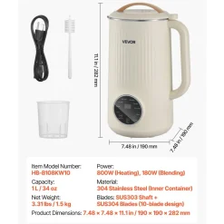 VEVOR 8-in-1 Nut Milk Maker, 34 oz Soy Milk Maker with 180W Blending, for Homemade Oat, Nut, Soy, Juice, Milkshake, Rice Cereal, Plant-Based Beverages with Self-Cleaning, Boil Water, 12-Hour Delay