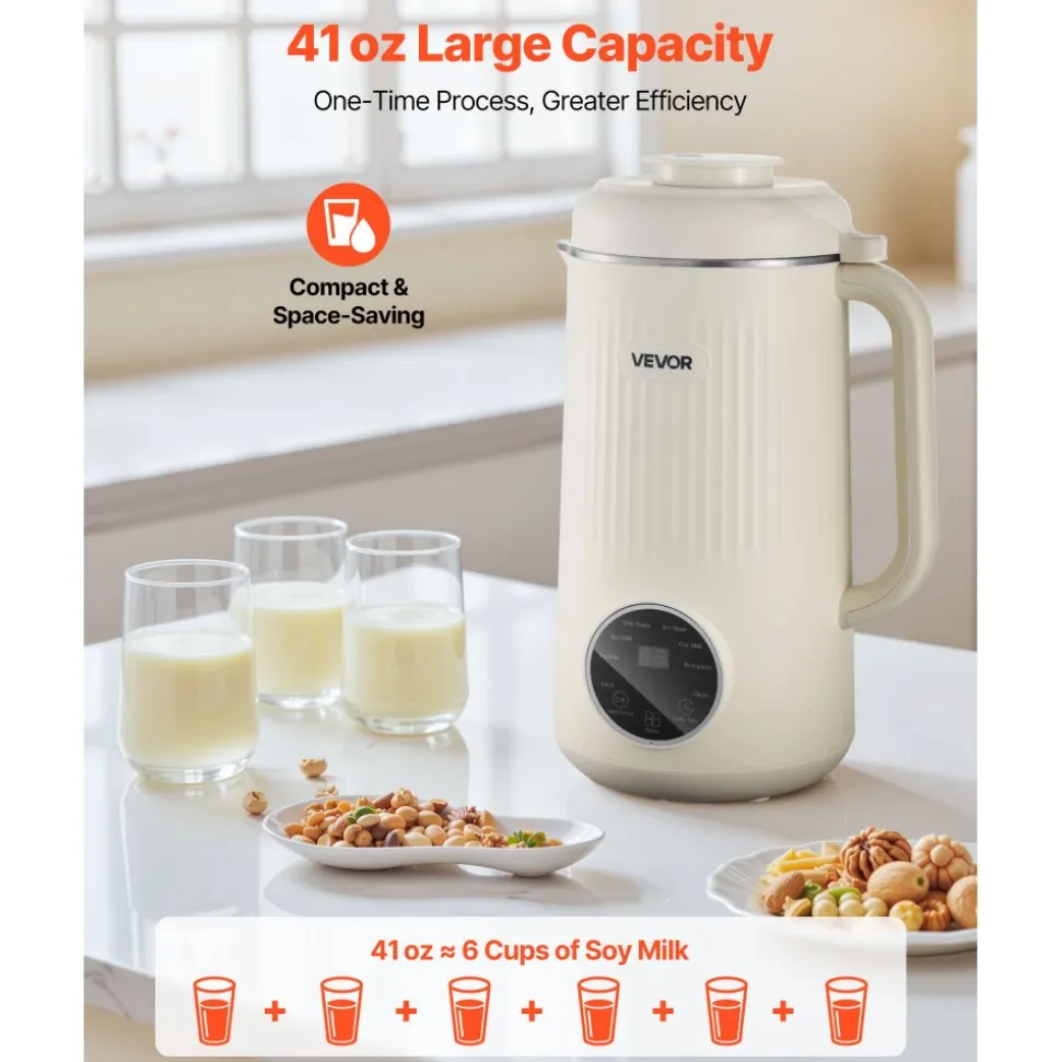 VEVOR 8-in-1 Nut Milk Maker, 41 oz Soy Milk Maker Machine with 10 Blades, for Homemade Oat, Nut, Soy, Juice, Milkshake, Rice Cereal, Plant-Based Beverages with Self-Cleaning, Boil Water, 12-Hour Delay
