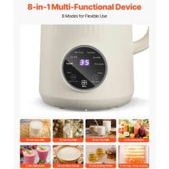 VEVOR 8-in-1 Nut Milk Maker, 41 oz Soy Milk Maker Machine with 10 Blades, for Homemade Oat, Nut, Soy, Juice, Milkshake, Rice Cereal, Plant-Based Beverages with Self-Cleaning, Boil Water, 12-Hour Delay