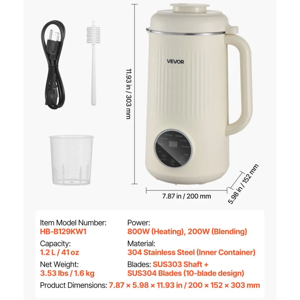 VEVOR 8-in-1 Nut Milk Maker, 41 oz Soy Milk Maker Machine with 10 Blades, for Homemade Oat, Nut, Soy, Juice, Milkshake, Rice Cereal, Plant-Based Beverages with Self-Cleaning, Boil Water, 12-Hour Delay