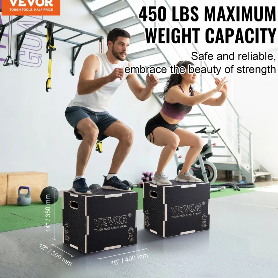 VEVOR 3 in 1 Plyometric Jump Box, 16/14/12 Inch Wooden Plyo Box, Platform & Jumping Agility Box, Anti-Slip Fitness Exercise Step Up Box for Home Gym Training, Conditioning Strength Training, Black