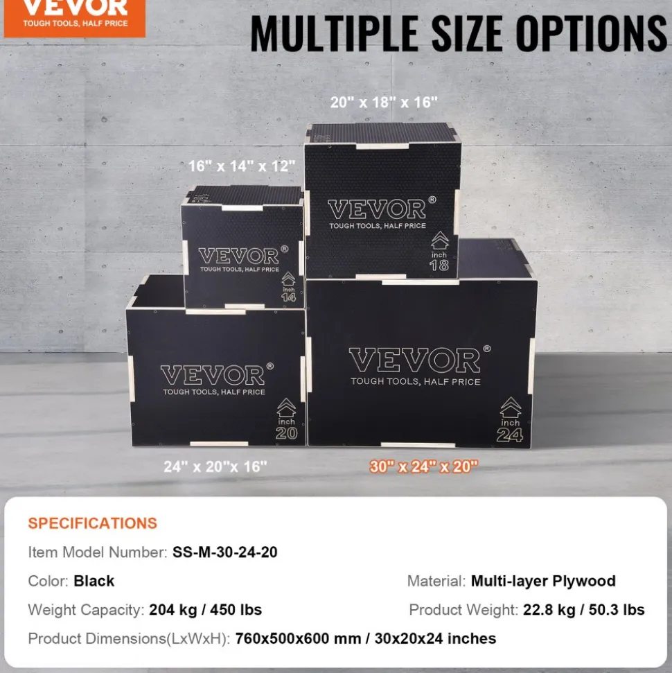 VEVOR 3 in 1 Plyometric Jump Box, 30/24/20 Inch Wooden Plyo Box, Platform & Jumping Agility Box, Anti-Slip Fitness Exercise Step Up Box for Home Gym Training, Conditioning Strength Training, Black