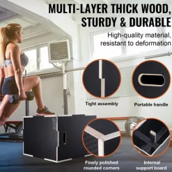 VEVOR 3 in 1 Plyometric Jump Box, 30/24/20 Inch Wooden Plyo Box, Platform & Jumping Agility Box, Anti-Slip Fitness Exercise Step Up Box for Home Gym Training, Conditioning Strength Training, Black