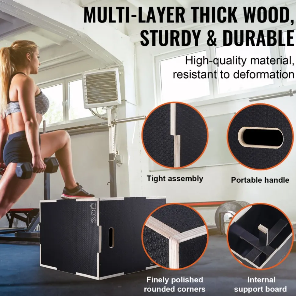 VEVOR 3 in 1 Plyometric Jump Box, 30/24/20 Inch Wooden Plyo Box, Platform & Jumping Agility Box, Anti-Slip Fitness Exercise Step Up Box for Home Gym Training, Conditioning Strength Training, Black