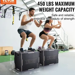 VEVOR 3 in 1 Plyometric Jump Box, 30/24/20 Inch Wooden Plyo Box, Platform & Jumping Agility Box, Anti-Slip Fitness Exercise Step Up Box for Home Gym Training, Conditioning Strength Training, Black
