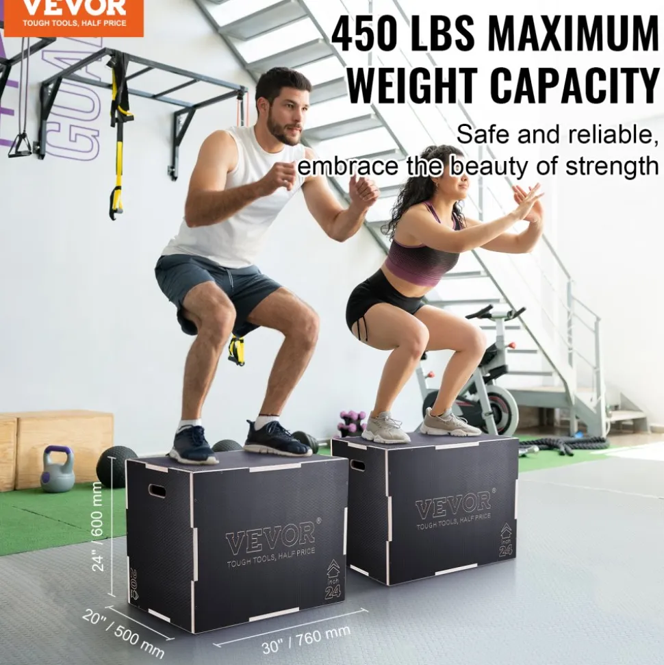 VEVOR 3 in 1 Plyometric Jump Box, 30/24/20 Inch Wooden Plyo Box, Platform & Jumping Agility Box, Anti-Slip Fitness Exercise Step Up Box for Home Gym Training, Conditioning Strength Training, Black