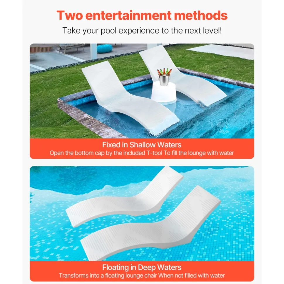 VEVOR In-Pool Lounge Chairs, Set of 2 Chaise Lounger, Inside Pool Lounge Chairs for up to 5" Water Depths, Fixed in Pools & Floating on Water, Suitable for All Pool Types, Poolside & Sun Deck Tanning