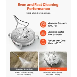 VEVOR 30 in Pressure Washer Surface Cleaner, Raised Handle, Stainless Steel, Power Washer Attachment with Wheels for Concrete, Patio, Sidewalk, Deck, Driveway, Floor, 4000 Max PSI, 3/8 Quick Connector