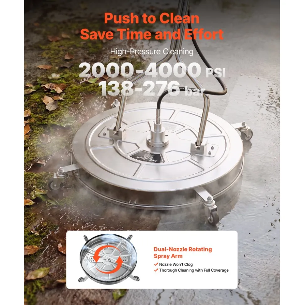 VEVOR 30 in Pressure Washer Surface Cleaner, Raised Handle, Stainless Steel, Power Washer Attachment with Wheels for Concrete, Patio, Sidewalk, Deck, Driveway, Floor, 4000 Max PSI, 3/8 Quick Connector