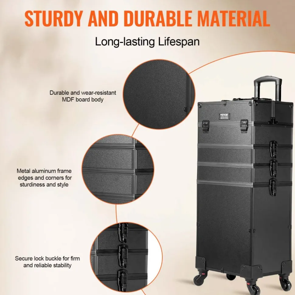 VEVOR 5 in 1 Professional Makeup Train Case Aluminum Cosmetic Case, Rolling Makeup Case Extra Large Trolley Makeup Travel Organizer, with 360° Swivel Wheels & Adjustable Pull Rod, Black