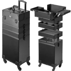 VEVOR 5 in 1 Professional Makeup Train Case Aluminum Cosmetic Case, Rolling Makeup Case Extra Large Trolley Makeup Travel Organizer, with 360° Swivel Wheels & Adjustable Pull Rod, Black