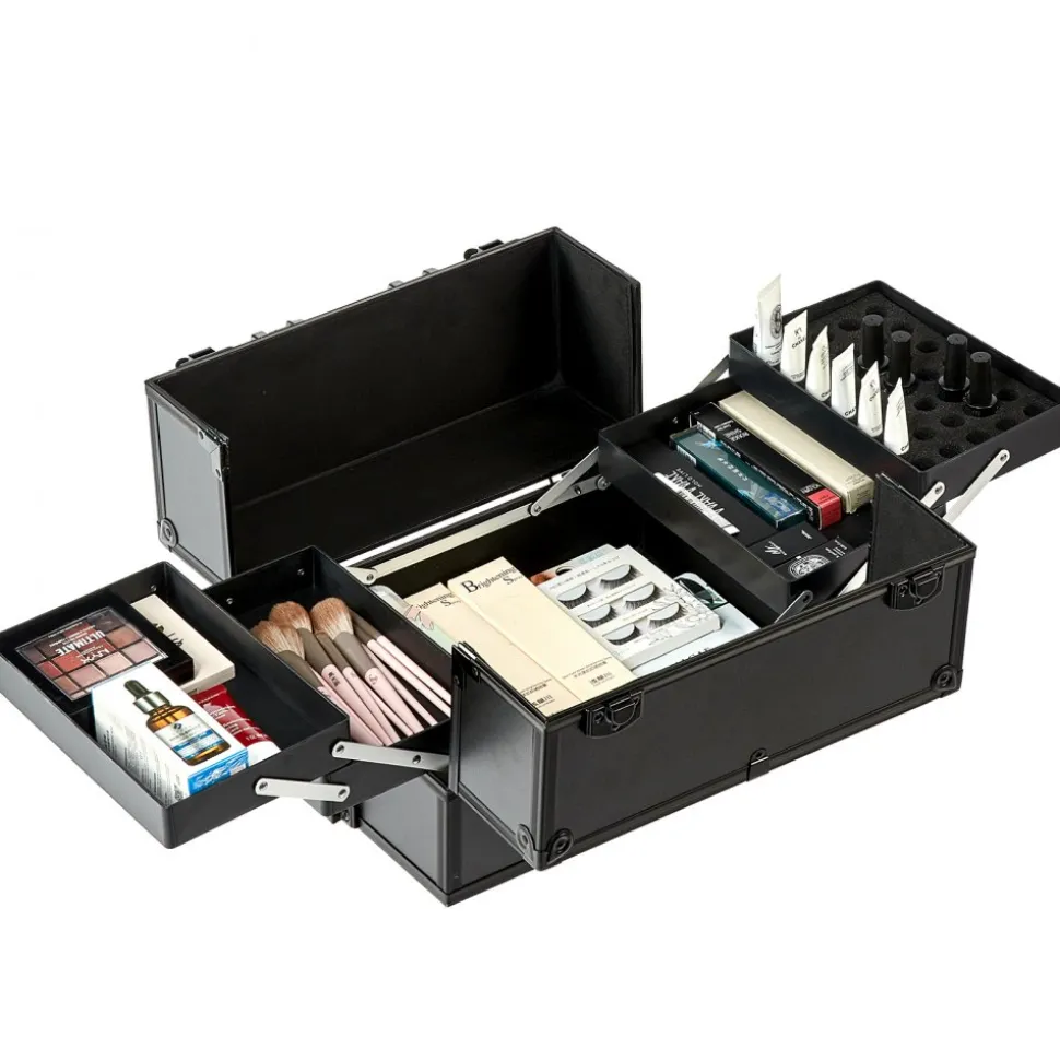 VEVOR 5 in 1 Professional Makeup Train Case Aluminum Cosmetic Case, Rolling Makeup Case Extra Large Trolley Makeup Travel Organizer, with 360° Swivel Wheels & Adjustable Pull Rod, Black