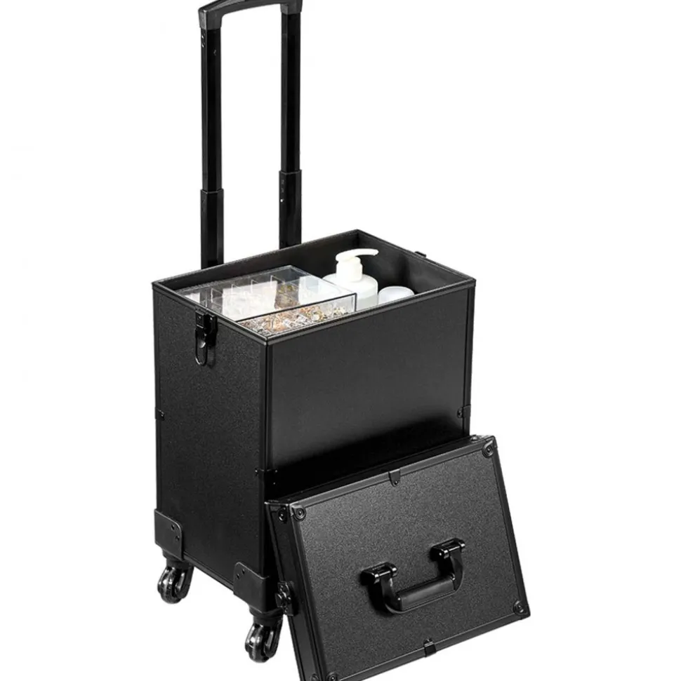 VEVOR 5 in 1 Professional Makeup Train Case Aluminum Cosmetic Case, Rolling Makeup Case Extra Large Trolley Makeup Travel Organizer, with 360° Swivel Wheels & Adjustable Pull Rod, Black
