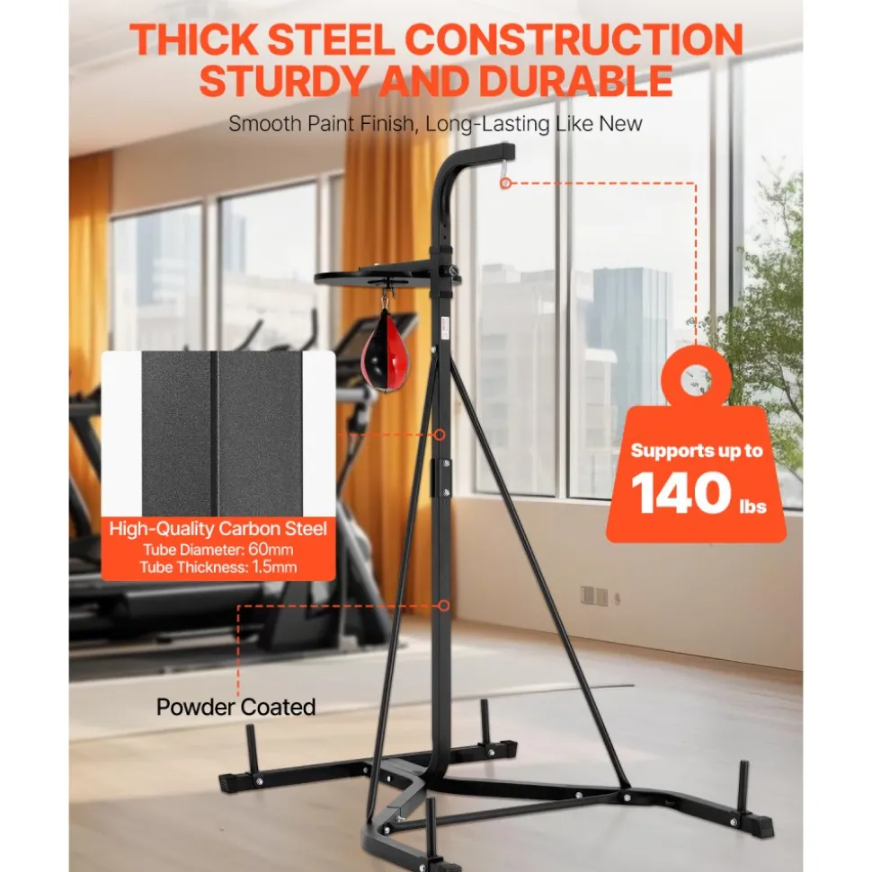 VEVOR 2 in 1 Punching Bag Stand, Steel Heavy Duty Workout Equipment, Adjustable Height Boxing Punching Bag and Speed Bag Stand, Freestanding Sandbag Rack, Holds Up to 140 lbs, for Home Gym Fitness