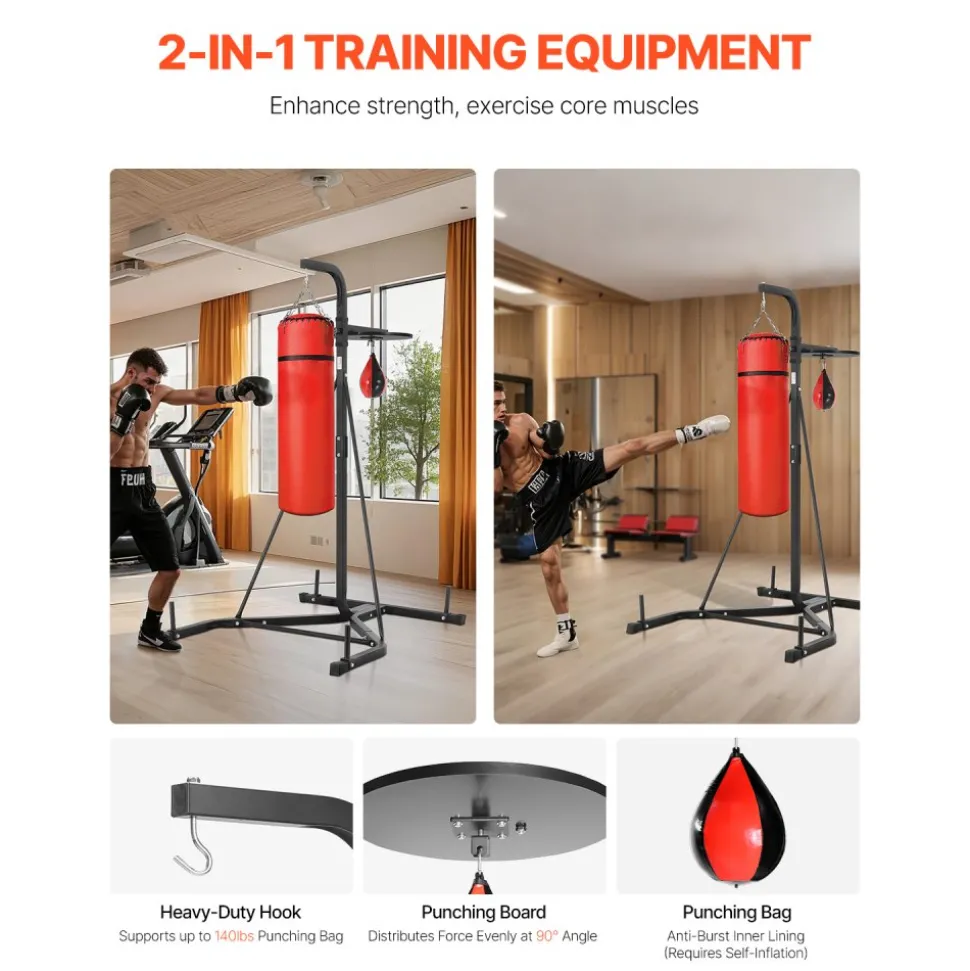 VEVOR 2 in 1 Punching Bag Stand, Steel Heavy Duty Workout Equipment, Adjustable Height Boxing Punching Bag and Speed Bag Stand, Freestanding Sandbag Rack, Holds Up to 140 lbs, for Home Gym Fitness