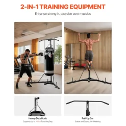 VEVOR 2 in 1 Punching Bag Stand, Steel Heavy Duty Workout Equipment, Adjustable Height Boxing Punching Bag Stand with Pull Up Bar, Freestanding Sandbag Rack, Holds Up to 140 lbs, for Home Gym Fitness