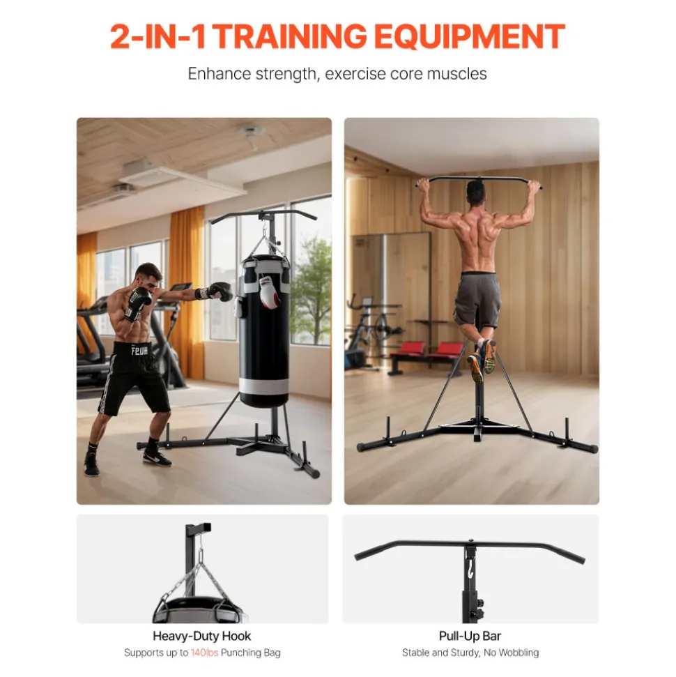 VEVOR 2 in 1 Punching Bag Stand, Steel Heavy Duty Workout Equipment, Adjustable Height Boxing Punching Bag Stand with Pull Up Bar, Freestanding Sandbag Rack, Holds Up to 140 lbs, for Home Gym Fitness