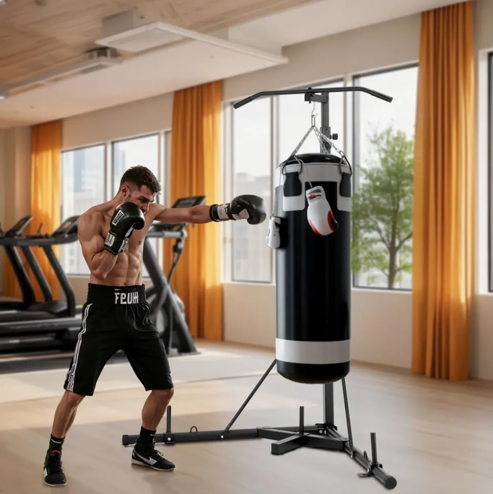 VEVOR 2 in 1 Punching Bag Stand, Steel Heavy Duty Workout Equipment, Adjustable Height Boxing Punching Bag Stand with Pull Up Bar, Freestanding Sandbag Rack, Holds Up to 140 lbs, for Home Gym Fitness