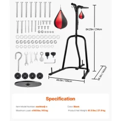 VEVOR 2 in 1 Punching Bag Stand, Steel Heavy Duty Workout Equipment, Adjustable Height Boxing Punching Bag and Speed Bag Stand, Freestanding Sandbag Rack, Holds Up to 140 lbs, for Home Gym Fitness