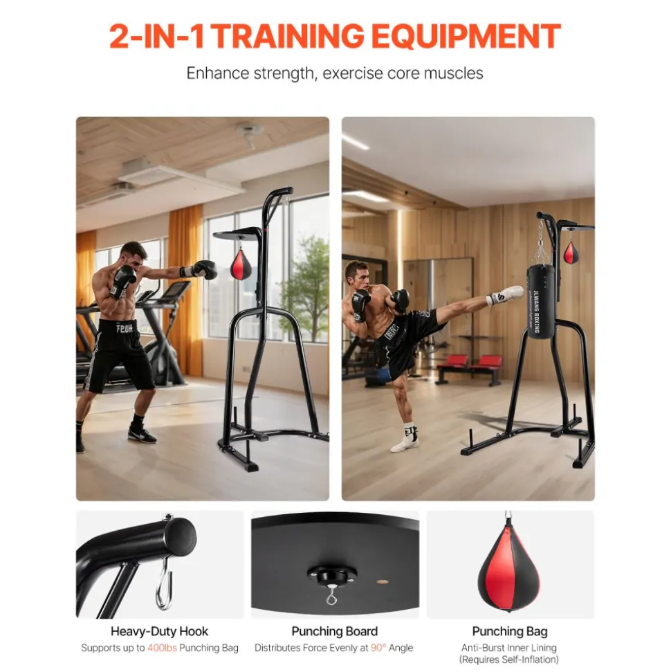 VEVOR 2 in 1 Punching Bag Stand, Steel Heavy Duty Workout Equipment, Adjustable Height Boxing Punching Bag and Speed Bag Stand, Freestanding Sandbag Rack, Holds Up to 140 lbs, for Home Gym Fitness