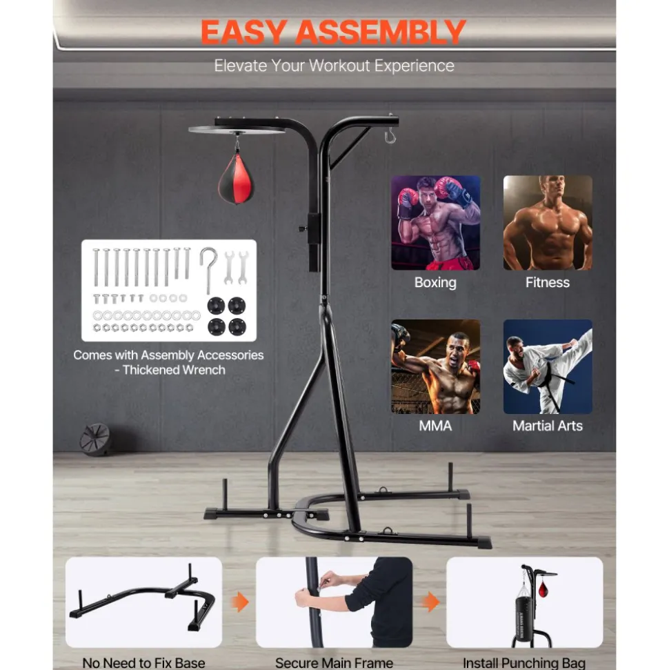 VEVOR 2 in 1 Punching Bag Stand, Steel Heavy Duty Workout Equipment, Adjustable Height Boxing Punching Bag and Speed Bag Stand, Freestanding Sandbag Rack, Holds Up to 140 lbs, for Home Gym Fitness