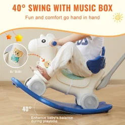 VEVOR 4 in 1 Rocking Horse for Toddlers 1-3 Years, Baby Rocking Horse with Detachable Balance Board, Push Handle and 4 Smooth Wheels, Support up to HDPE 80 lbs Kids Ride on Toy with Sound, Blue