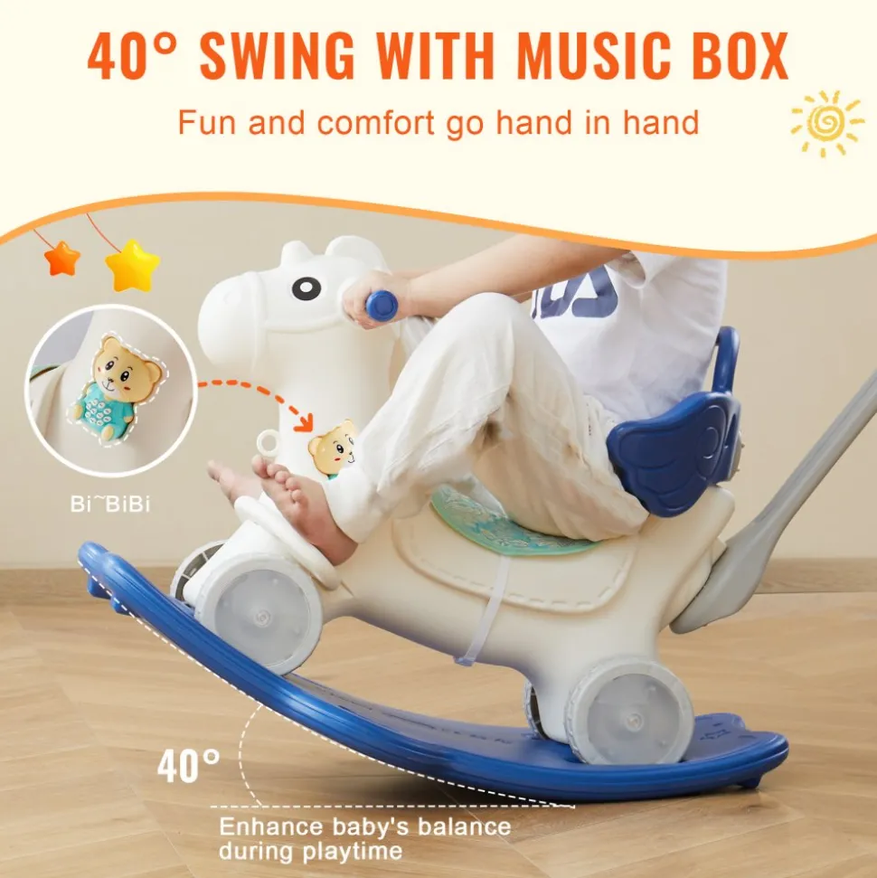 VEVOR 4 in 1 Rocking Horse for Toddlers 1-3 Years, Baby Rocking Horse with Detachable Balance Board, Push Handle and 4 Smooth Wheels, Support up to HDPE 80 lbs Kids Ride on Toy with Sound, Blue