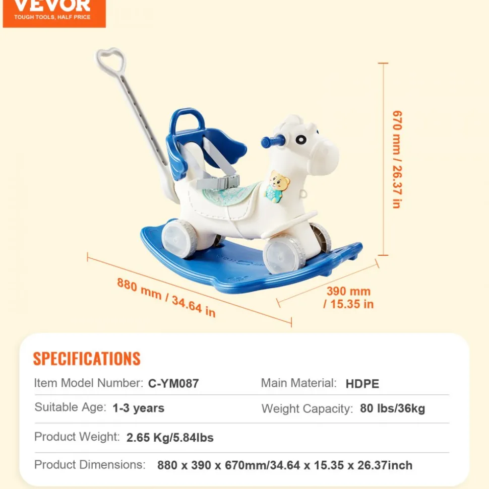 VEVOR 4 in 1 Rocking Horse for Toddlers 1-3 Years, Baby Rocking Horse with Detachable Balance Board, Push Handle and 4 Smooth Wheels, Support up to HDPE 80 lbs Kids Ride on Toy with Sound, Blue
