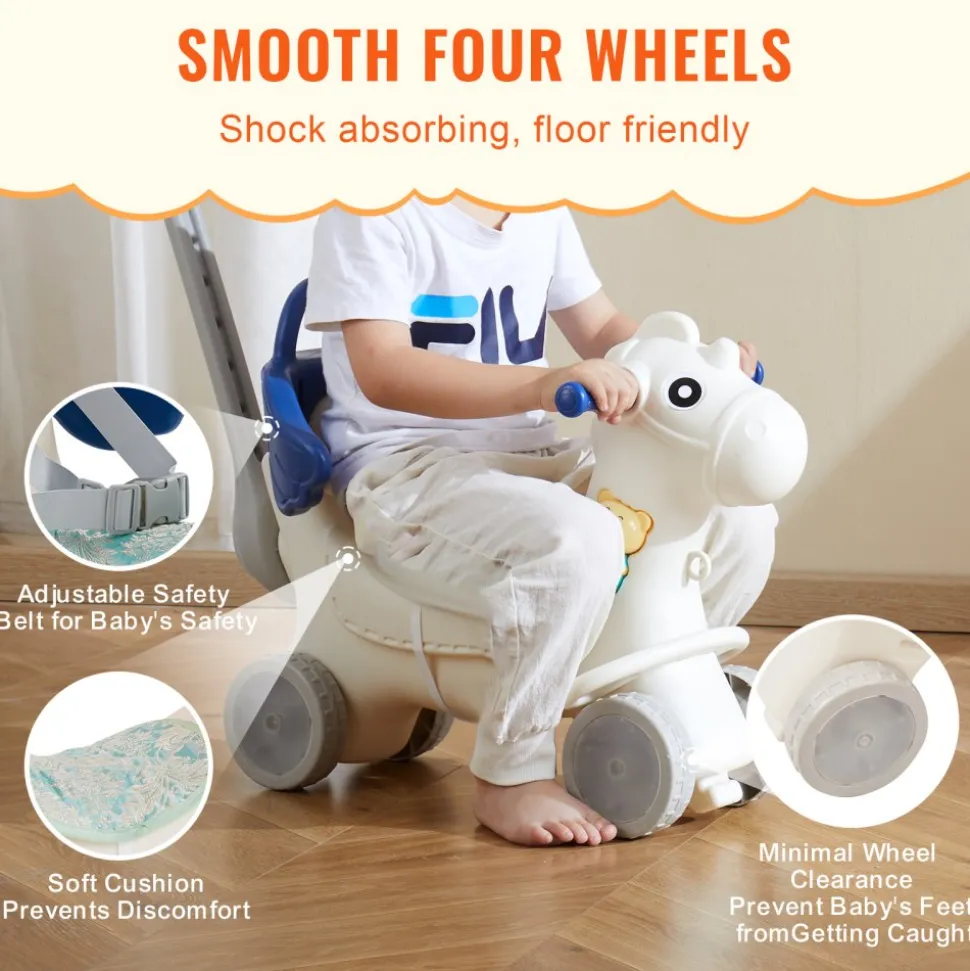 VEVOR 4 in 1 Rocking Horse for Toddlers 1-3 Years, Baby Rocking Horse with Detachable Balance Board, Push Handle and 4 Smooth Wheels, Support up to HDPE 80 lbs Kids Ride on Toy with Sound, Blue