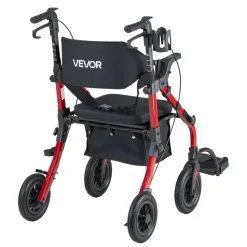 VEVOR 2-in-1 Rollator Walker & Transport Chair for Seniors, Foldable Rolling Walker Wheelchair, Lightweight Aluminum Mobility Walking Aid with Solid PU Wheels, Cup & Cane Holder - Supports 300LBS