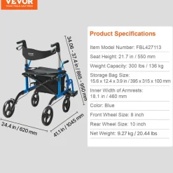 VEVOR 2 in 1 Rollator Walker & Transport Chair for Seniors, Folding Rolling Walker Wheelchair Combo & Footrests, Lightweight Aluminum Mobility Walker with Adjustable Handle, All Terrain Wheels, 300LBS