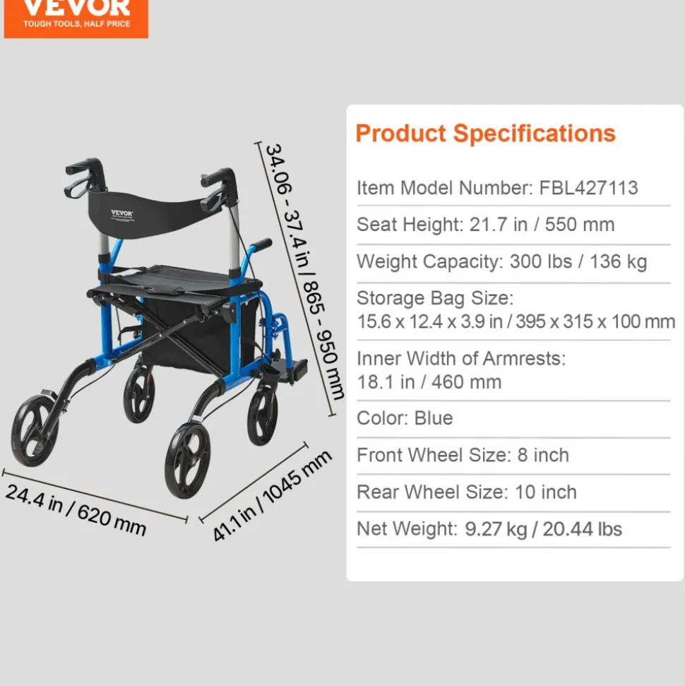 VEVOR 2 in 1 Rollator Walker & Transport Chair for Seniors, Folding Rolling Walker Wheelchair Combo & Footrests, Lightweight Aluminum Mobility Walker with Adjustable Handle, All Terrain Wheels, 300LBS