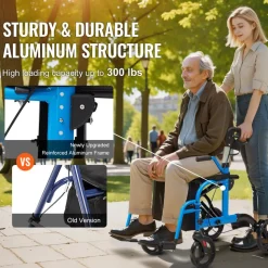 VEVOR 2 in 1 Rollator Walker & Transport Chair for Seniors, Folding Rolling Walker Wheelchair Combo & Footrests, Lightweight Aluminum Mobility Walker with Adjustable Handle, All Terrain Wheels, 300LBS