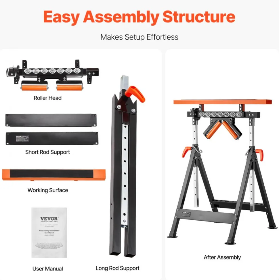 VEVOR 4-in-1 Roller Stand, 440 lb Load Capacity, 33-50 in Adjustable Height, Folding Heavy Duty with Rack & Polished Multi-directional Roller Head, for Table Saw Outfeed Woodworking Extension Support