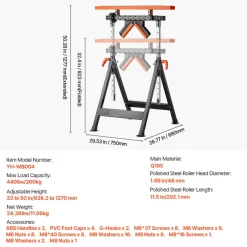 VEVOR 4-in-1 Roller Stand, 440 lb Load Capacity, 33-50 in Adjustable Height, Folding Heavy Duty with Rack & Polished Multi-directional Roller Head, for Table Saw Outfeed Woodworking Extension Support