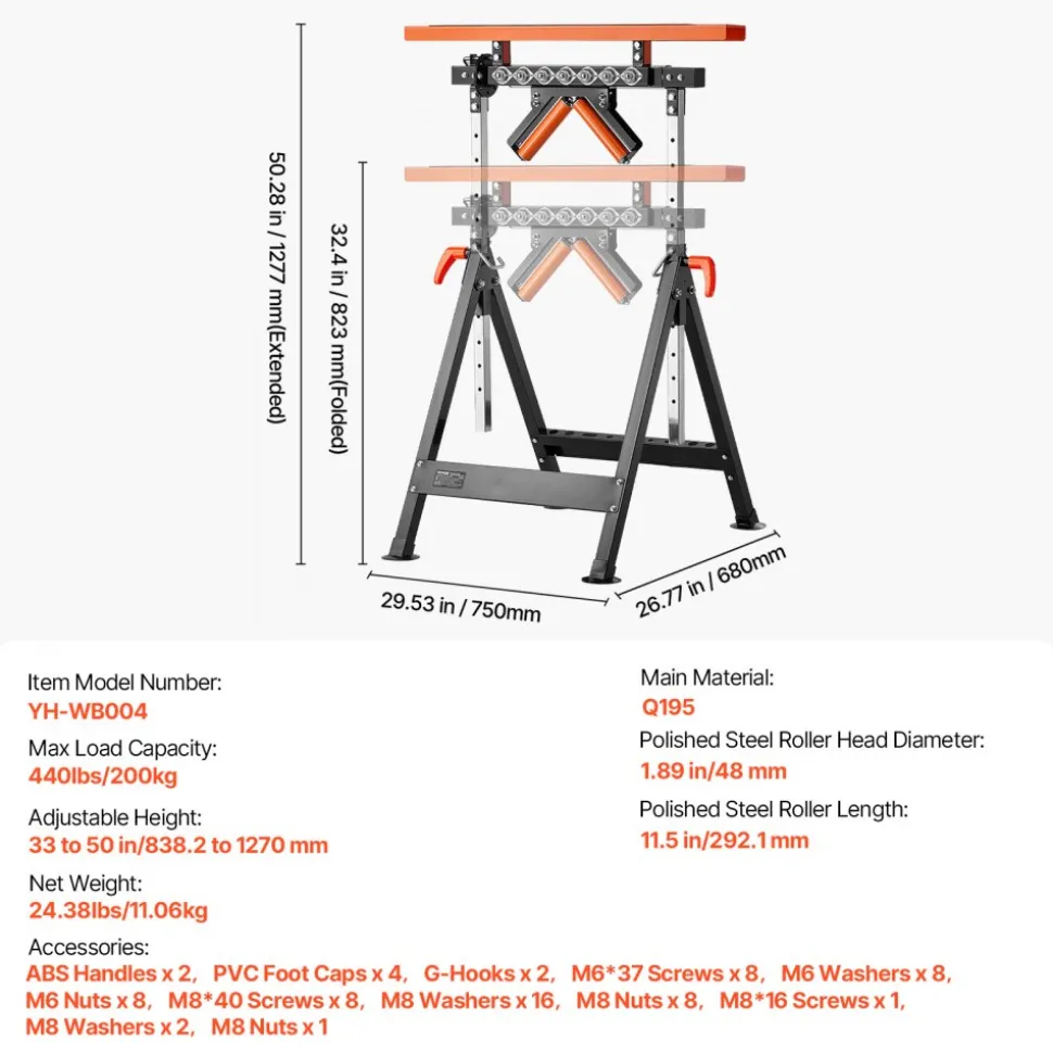 VEVOR 4-in-1 Roller Stand, 440 lb Load Capacity, 33-50 in Adjustable Height, Folding Heavy Duty with Rack & Polished Multi-directional Roller Head, for Table Saw Outfeed Woodworking Extension Support