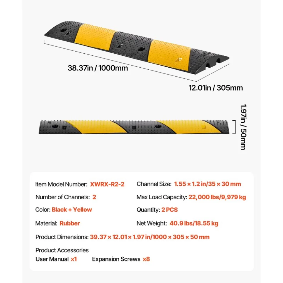 VEVOR 40 in Rubber Speed Bump, 2 Pack, 2 Channel Heavy Duty Traffic Speed Hump, 22000 lbs/Axle Load Capacity, Cable Protector Ramp with Expansion Screws, for Asphalt Concrete Gravel Driveway and Road