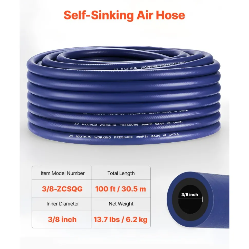 VEVOR 3/8 in Self Sinking Aeration Hose, 100 Ft Long Weighted Pond Aerator Hose Kit, Heavy Duty Rubber Pond Aeration Tubing, Flexible Airline for Lake Water Garden Aerators & Diffusers