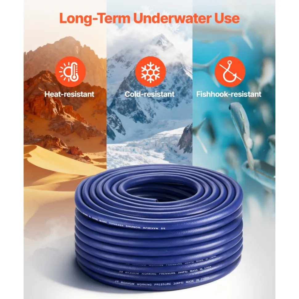 VEVOR 3/8 in Self Sinking Aeration Hose, 100 Ft Long Weighted Pond Aerator Hose Kit, Heavy Duty Rubber Pond Aeration Tubing, Flexible Airline for Lake Water Garden Aerators & Diffusers