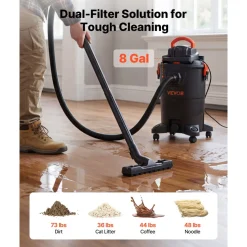 VEVOR 3-in-1 Shop Vac, 8 Gallon Wet Dry Shop Vacuum, 4.5 Peak HP Portable Vacuum Cleaner with Blower, Dual-Filter, 1350W Input Power, 1.25in x 7ft Hose, 9.8ft Cord for Jobsite, Workshop, Garage, Home
