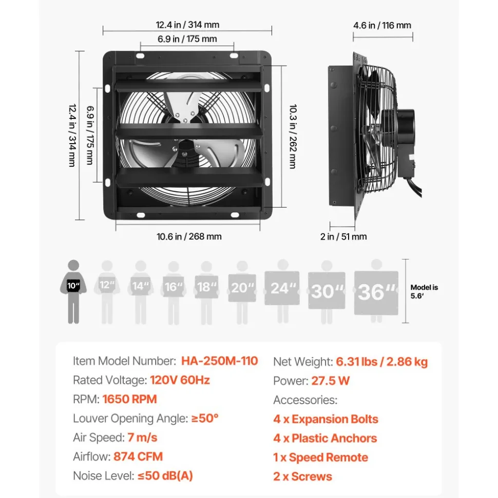 VEVOR 10 in Shutter Exhaust Fan Wall-Mount Automatic Louvers Variable Speed, Sturdy Steel Housing, Low Noise, AC Motor, 874 CFM Ventilation and Cooling for Attic, Garage, Barn, Greenhouse, Workshop