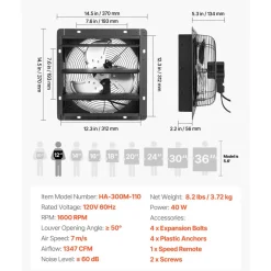 VEVOR 12 in Shutter Exhaust Fan Wall-Mount Automatic Louvers Variable Speed, Sturdy Steel Housing, Low Noise, AC Motor, 1347 CFM Ventilation and Cooling for Attic, Garage, Barn, Greenhouse, Workshop
