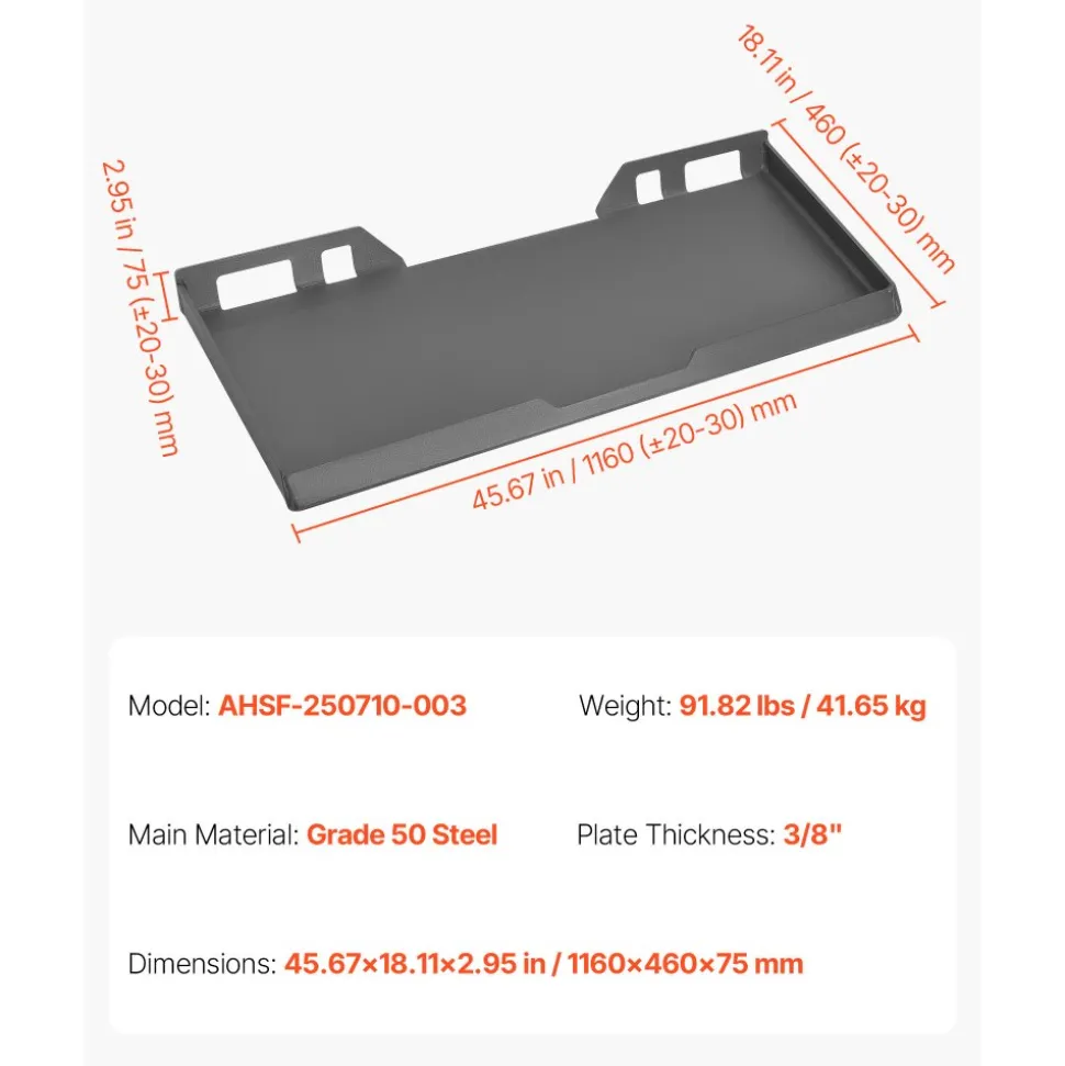 VEVOR 3/8 in Skid Steer Mount Plate, Universal Quick Attach Mount Plate, Easy to Bolt, 7000lbs Load Capacity, Heavy Duty Steel Loader Plates Compatible with Kubota Bobcat Skid Steers & Tractors