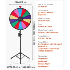 VEVOR 24 in Spinning Prize Wheel, 14 Slots Spinning Wheel with Tripod, Adjustable Height Win Fortune Roulette with a Dry Erase and 2 Markers, 6 Colors, Easy Assembly, for Party Pub Trade Show Carnival