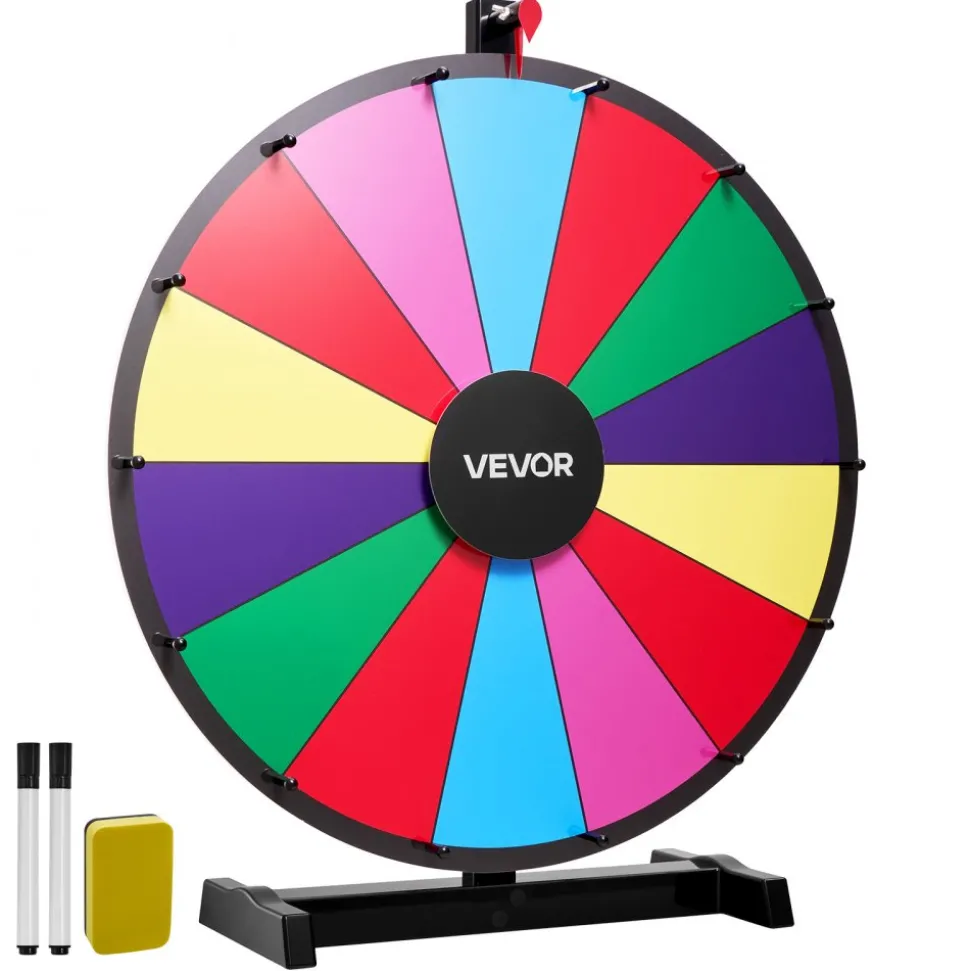 VEVOR 24 in Spinning Prize Wheel, 14 Slots Spinning Wheel with Stand, Tabletop Win Fortune Roulette with a Dry Erase and 2 Markers, 6 Colors, Easy Assembly, for Party Pub Trade Show Carnival Events