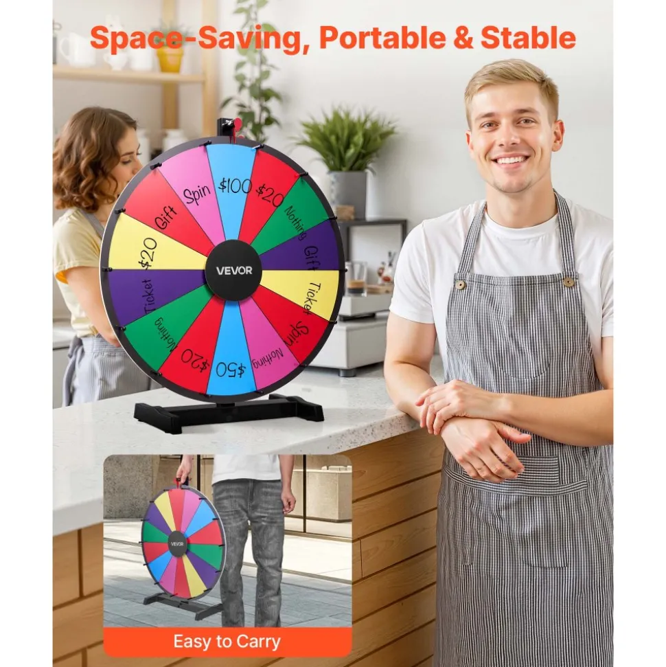 VEVOR 24 in Spinning Prize Wheel, 14 Slots Spinning Wheel with Stand, Tabletop Win Fortune Roulette with a Dry Erase and 2 Markers, 6 Colors, Easy Assembly, for Party Pub Trade Show Carnival Events