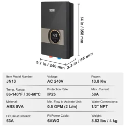 VEVOR Instant Water Heater, 13.8kw Electric Tankless Water Boiler, Digital Temperature Display & Easy Installation & 24-Hour Water Supply, For Kitchen Bathroom Shower Mall Salon Shampoo ETL Listed
